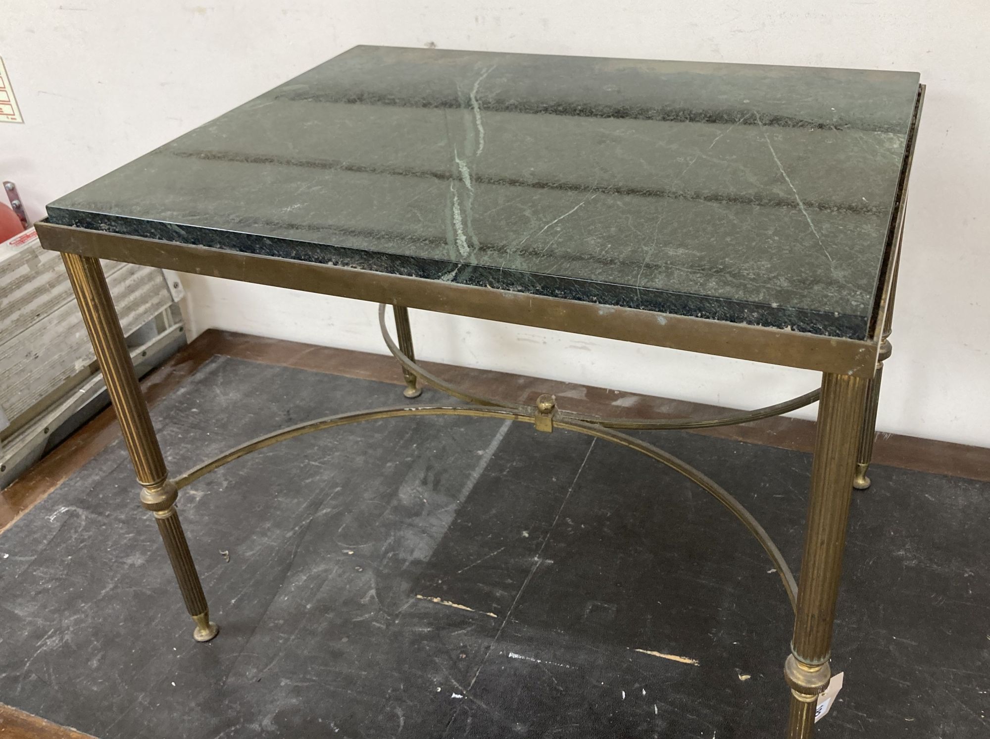 A Maison Janson style rectangular brass and marble top occasional table, width 62cm, depth 47cm, height 48cm